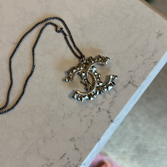 Authentic Chanel silver 16” (extends to 24”) black/clear stones logo necklace - Picture 6 of 7